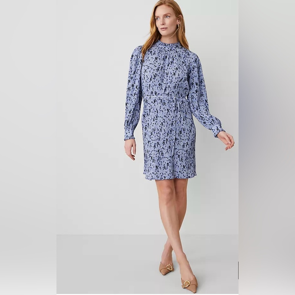 Ann Taylor Long Sleeve Blue Patterned Dress